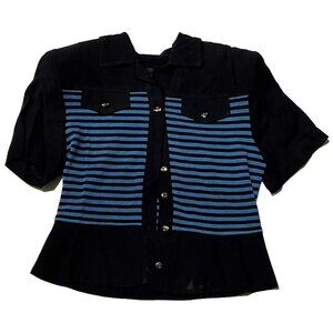 Vintage John Roberts Women Black Striped Collared Button Up Shirt Size Small